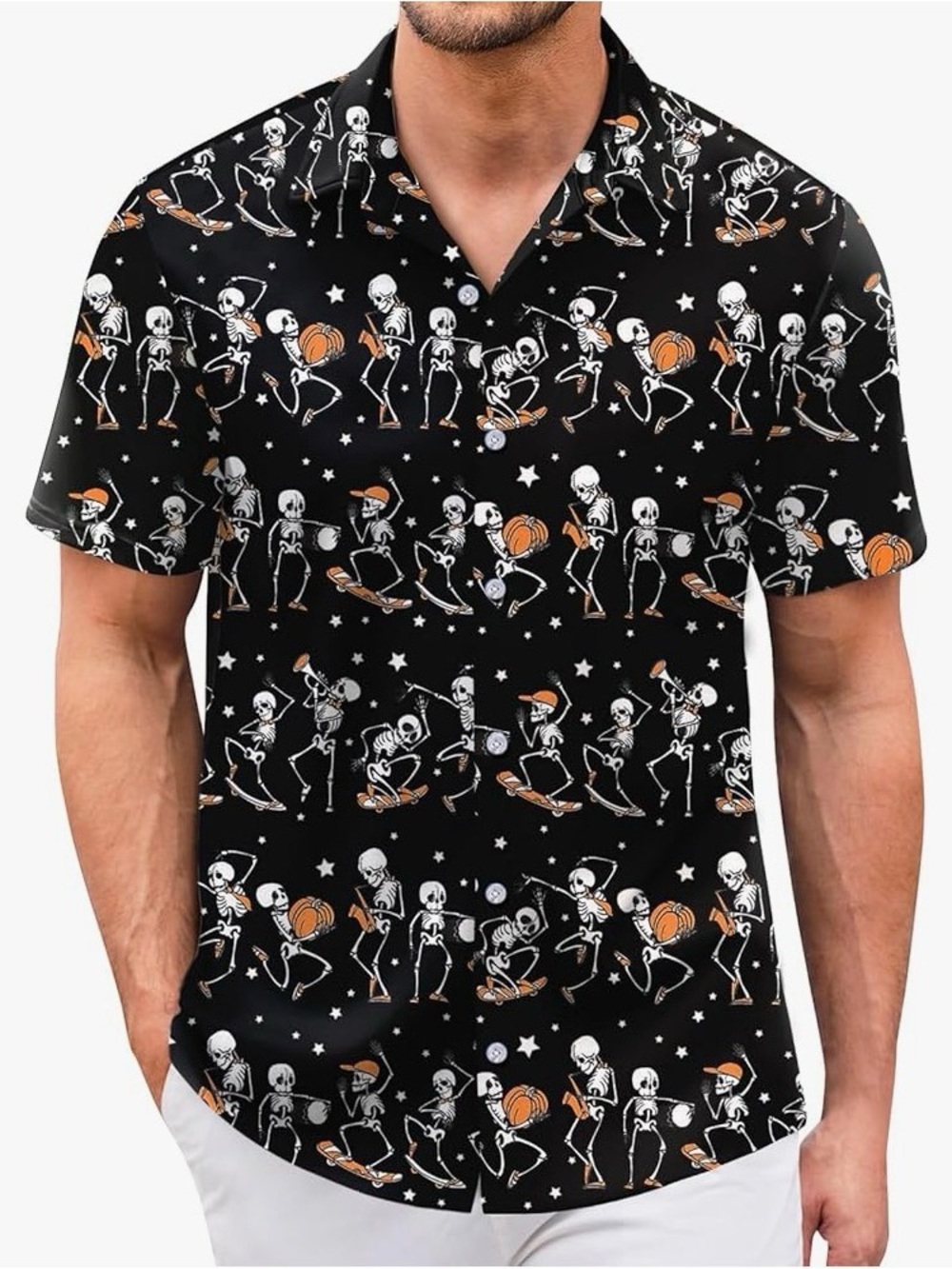 Men's Black Halloween Skeleton Print Short Sleeve Shirt